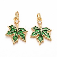 Autumn Theme Brass Cubic Zirconia Charms, with Enamel, Cadmium Free & Lead Free, Golden, Maple Leaf, Lime Green, 15x11x1.5mm, Hole: 2mm(KK-P216-06MG-01)