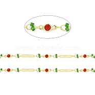 Real 18K Gold Plated Brass Oval & Flat Round Link Chains, with Glass Beaded, Soldered, with Spool, Lead Free & Cadmium Free & Nickel Free, Green, 10x4.5x1.7mm, 15x2.5x0.3mm(CHC-F844-10C)
