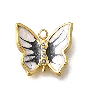 304 Stainless Steel Enamel Charms, with Rhinestone, Butterfly Charm, Real 18K Gold Plated, White, 13x14x3mm, Hole: 1.5mm(STAS-Q347-10A-G)