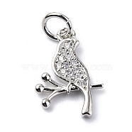 Brass Micro Pave Cubic Zirconia Charms, with Jump Ring, Bird with Branch Charms, Platinum, 14x10x1.5mm, Hole: 3.2mm(ZIRC-F131-14P)