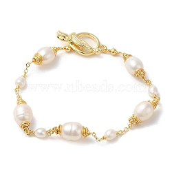Natural Pearl Beaded Link Bracelets, Brass Wire Wrapped Bracelet, Real 14K Gold Plated, 8 inch(20.2cm)(BJEW-C051-39G)