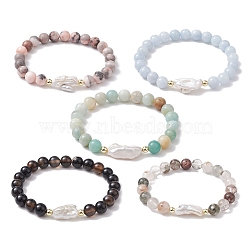 8mm Round Mixed Gemstone Beaded Stretch Bracelets, Keshi Pearl Bracelets for Women Men, Inner Diameter: 2-1/2 inch(6.5cm)(BJEW-JB10309)