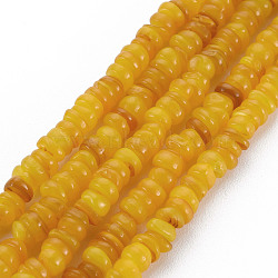 Natural Freshwater Shell Beads Strands, Dyed, Heishi Beads, Flat Round/Disc, Goldenrod, 3~4x0.3~3mm, Hole: 0.6mm, about 215~218pcs/strand, 14.96 inch~15.16 inch(38cm~38.5cm)(SHEL-S278-066B)