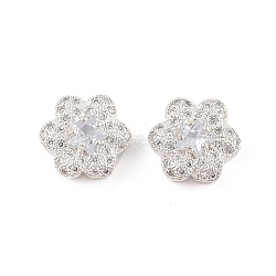 Rack Plating Brass Micro Pave Cubic Zirconia Beads,  Long-Lasting Plated, Lead Free & Cadmium Free, Silver, Flower with Star, Clear, 11.5x10.5x6.5mm, Hole: 1.8mm(KK-F879-02S-01)