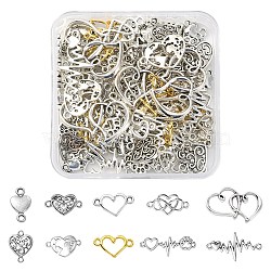 100Pcs 10 Styles Tibetan Style Alloy Connector Charms, Heart Links, Mixed Shapes, Antique Silver & Golden, 8~24x14.5~31x1.5~3mm, Hole: 1~15mm(TIBE-YW0001-32)