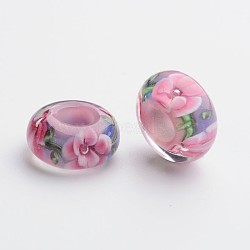 Handmade Lampwork European Rondelle Large Hole Beads, No Metal Core, Orchid, 14.5x7mm, Hole: 5.5mm(X-LPDL-F007-61)