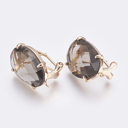 Faceted Glass Stud Earring Findings, with Loop, Light Gold Plated Brass Findings, Oval, Dark Gray, 20x15.5x6~6.5mm, Hole: 1.2mm, Pin: 0.7mm(GLAA-F084-D08)