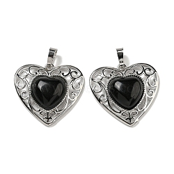 Natural Obsidian Peach Love Heart Pendants, Rack Plating Brass Hollow Heart Charms, Cadmium Free & Lead Free, 29.5x30.5x7.5mm, Hole: 7.5x5mm(G-G158-01L)