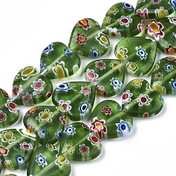 Handmade Millefiori Lampwork Beads Strands, Heart, Medium Sea Green, 11~12x12x4~5mm, Hole: 1mm, about 32~33pcs/strand, 12.72 inch~13.78 inch(32.3~35cm)(LAMP-N023-001F)