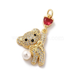 Rack Plating Brass Micro Pave Cubic Zirconia Pendants, with Pearl, Cadmium Free & Lead Free, Long-Lasting Plated, Real 18K Gold Plated, Bear, Red, 21x14.5x6mm, Hole: 3.2mm(KK-A160-14G)