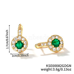 Elegant European and American Style, Flat Round Brass Cubic Zirconia Hoop Earrings, Golden, Green, 17x10mm(DC2153-3)