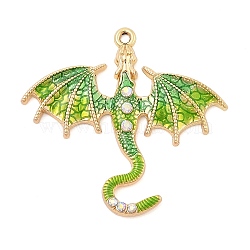 Rack Plating Alloy Enamel Pendants, with Rhinestone, Dragon Charm, Green Yellow, 38x41x4mm, Hole: 1.6mm(X-PALLOY-R451-05G)