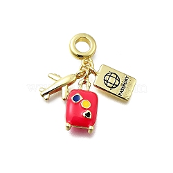 Brass Cerise Enamel Airplane Luggage Passport European Dangle Charms, Large Hole Pendant, Long-Lasting Plated, Lead Free & Cadmium Free, Rack Plating, Real 18K Gold Plated, 30mm, Hole: 4.5mm(KK-K400-31G)