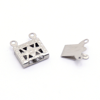 Stainless Steel Box Clasps, Multi-Strand Clasps, 2-Strands, 4 Holes, Rectangle, Stainless Steel Color, 10x15x2.5mm, Hole: 1mm