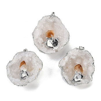 Natural Yellow Quartz & Druzy Agate Geode Pendants, Flat Round Charms with Stainless Steel Findings, Stainless Steel Color, 45~54.5x36~48x13~21.5mm, Hole: 2x4.5mm