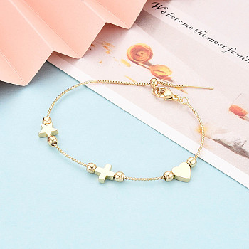 Adjustable Brass Beaded Slider Bracelets for Women, Heart & Cross & Star, Real 18K Gold Plated, Inner Diameter: 2-1/2 inch(6.4cm)