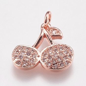 Brass Micro Pave Cubic Zirconia Charms, Cherry, Rose Gold, 12x13x3mm, Hole: 2mm