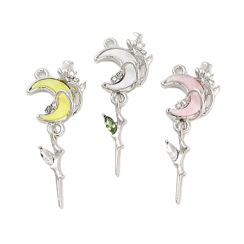 Rack Plating Alloy Rhinestone Pendants, Acrylic Moon with Flower Charms, Mixed Color, 41x16.5x6mm, Hole: 2mm