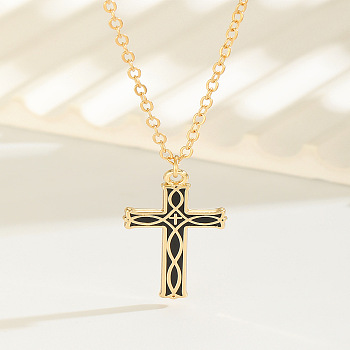 Alloy Enamel Viking Knot Religion Cross Pendant Cable Chain Necklaces for Women, Golden, Black, 15.75 inch(40cm)