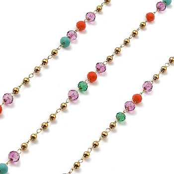 Colorful Rondelle Glass Beaded Link Chains, with 304 Stainless Steel Findings, Soldered, with Spool, Golden, 3x2.5mm, 2mm, about 32.81 Feet(10m)/Roll