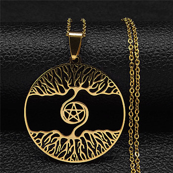 304 Stainless Steel Pendant Necklaces, Flat Round with Tree of Life Pattern, Golden, 20.16 inch(51.2cm)