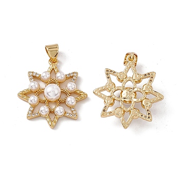 Brass Micro Pave Cubic Zirconia Pendants, with ABS Imitation Pearl, Flower Charm, Real 18K Gold Plated, 24x22x6mm, Hole: 5x3.5mm