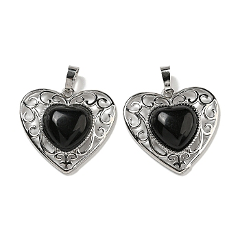 Natural Obsidian Peach Love Heart Pendants, Rack Plating Brass Hollow Heart Charms, Cadmium Free & Lead Free, 29.5x30.5x7.5mm, Hole: 7.5x5mm