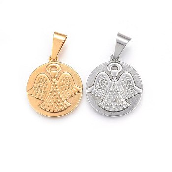 304 Stainless Steel Pendants, Flat Round with Angel, Mixed Color, 28.5x25x3mm, Hole: 11x6mm