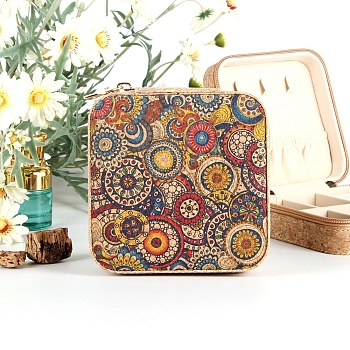 Ethnic Portable Printed Square Cork Wood Jewelry Packaging Zipper Box for Necklaces Earrings Storage, Flower, 12x12x5cm