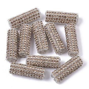 Plastic Beads, with Crystal Rhinestone and Seed Beads, Column, Sandy Brown, 31x10mm, Hole: 2mm