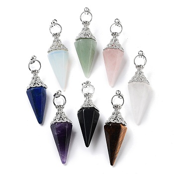 Natural & Synthetic Mixed Gemstone Faceted Cone Big Pendants, with Rack Plating Alloy Findings, Platinum, Mixed Dyed and Undyed, 61x18.5x17mm, Hole: 8x5mm