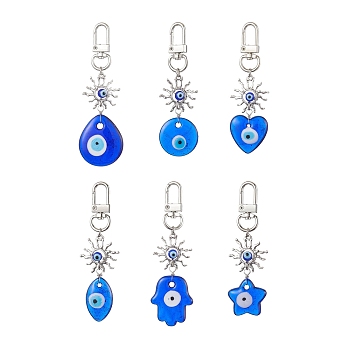 Horse Eye/Heart/Star/Hamsa Hand/Flat Round with Evil Eye Lampwork Pendant Decorations, Alloy Sun & Swivel Clasps Charms for Bag Ornaments, Mixed Shapes, 80~95mm, pendant: 55~60x25~28x6mm