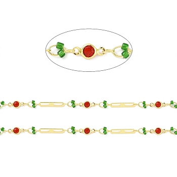 Real 18K Gold Plated Brass Oval & Flat Round Link Chains, with Glass Beaded, Soldered, with Spool, Lead Free & Cadmium Free & Nickel Free, Green, 10x4.5x1.7mm, 15x2.5x0.3mm