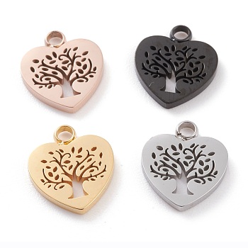 304 Stainless Steel Charms, Laser Cut, Heart with Tree of Life, Mixed Color, 12x11x1.5mm, Hole: 1.8mm