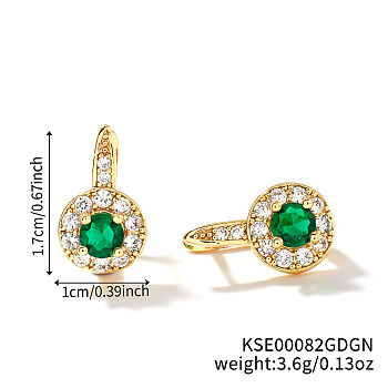 Elegant European and American Style, Flat Round Brass Cubic Zirconia Hoop Earrings, Golden, Green, 17x10mm