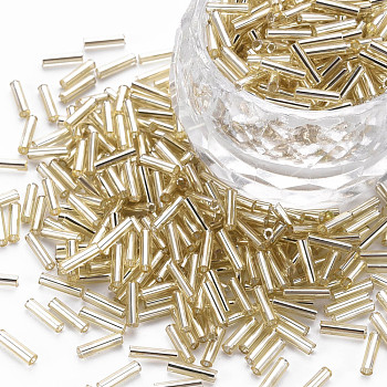 Plated Glass Bugle Beads, Metallic Colours, Pale Goldenrod, 6x2mm, Hole: 1mm, about 10000pcs/Pound