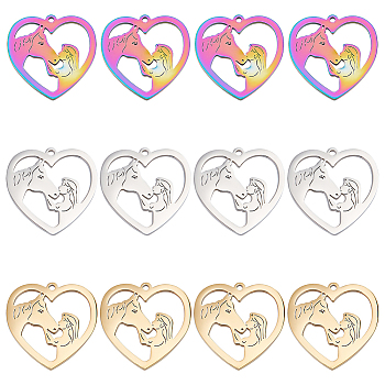 24Pcs 3 Colors 304 Stainless Steel Pendants, Heart with Girl & Horse, Mixed Color, 24.5x25x1.5mm, Hole: 1.5mm, 8pcs/color