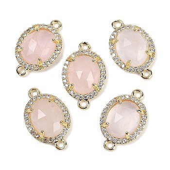 Natural Rose Quartz Faceted Oval Links, Rack Plating Brass Micro Pave Clear Cubic Zirconia Connector Charms, Golden, 17.5x11x4.5mm, Hole: 1.5mm