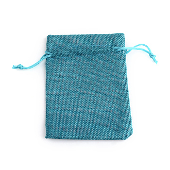 Polyester Imitation Burlap Packing Pouches Drawstring Bags, Dark Cyan, 18x13cm