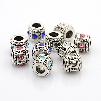 Vintage Antique Silver Zinc Alloy Rhinestone European Beads, Large Hole Column Beads, Mixed Color, 11x9mm, Hole: 6mm