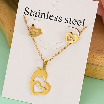 Stainless Steel Pendant Necklaces & Stud Earrings Sets, Golden, Heart, 400mm