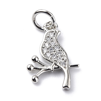 Brass Micro Pave Cubic Zirconia Charms, with Jump Ring, Bird with Branch Charms, Platinum, 14x10x1.5mm, Hole: 3.2mm