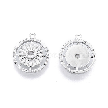 Real Platinum Plated Clear Flat Round Brass+Cubic Zirconia Pendants