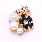 Alloy Cabochons Accessories with Enamel, with ABS Imitation Pearl Beads and Crystal Glass Rhinestone, for Jewelry Making, Flower, Light Gold, Black, 22.5x17.5x8.5mm(FIND-TAC0001-19B)