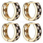 2 Pairs Tartan Pattern Enamel Chunky Hinged Hoop Earrings for Women, Real 18K Gold Plated Brass Earrings, Black, 13x4mm, Pin: 1mm(EJEW-BBC0001-27B)