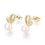 Brass & Natural Pearl Stud Earrings, Cactus, Real 18K Gold Plated, 12~13x7mm(PEAR-N020-WX10)