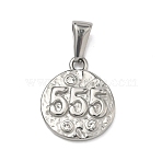 Textured 304 Stainless Steel Pendants, Flat Round with Number 5 Charm, with Rhinestone, Stainless Steel Color, 18x15x3mm, Hole: 7x3.7mm(STAS-A140-02P-5)