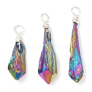 Electroplated Raw Rough Natural Quartz Crystal Copper Wire Wrapped Pendants, Rainbow Plated Teardrop Charms, Silver, 27~34.5x7~8x4.5~6mm, Hole: 3.5mm(PALLOY-JF02411-02)