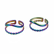 Double Line Cuff Rings, Hollow Wide Open Rings, Rainbow Color 304 Stainless Steel Rings for Women, US Size 7(17.3mm)(RJEW-N038-021)