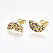Brass Micro Pave Cubic Zirconia(Random Mixed Color) Ear Studs, with Ear Nuts, Half Round, Golden, 6.5x12mm, Pin: 0.7mm(EJEW-S201-97)